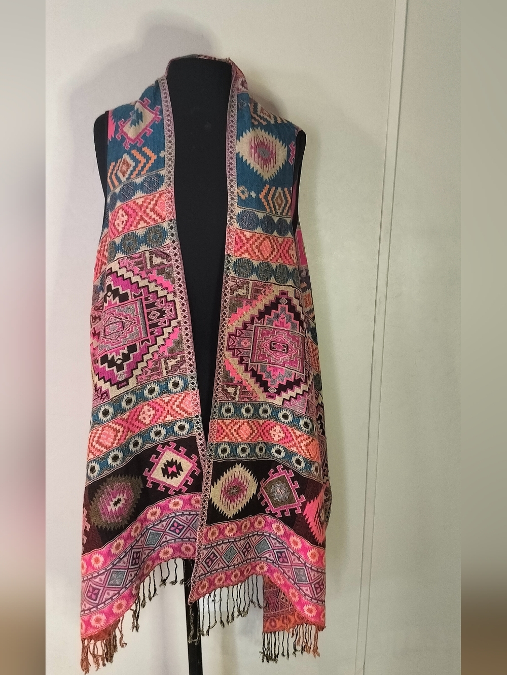 Boho Tribal Fringe Vest - Pink, Teal & Black